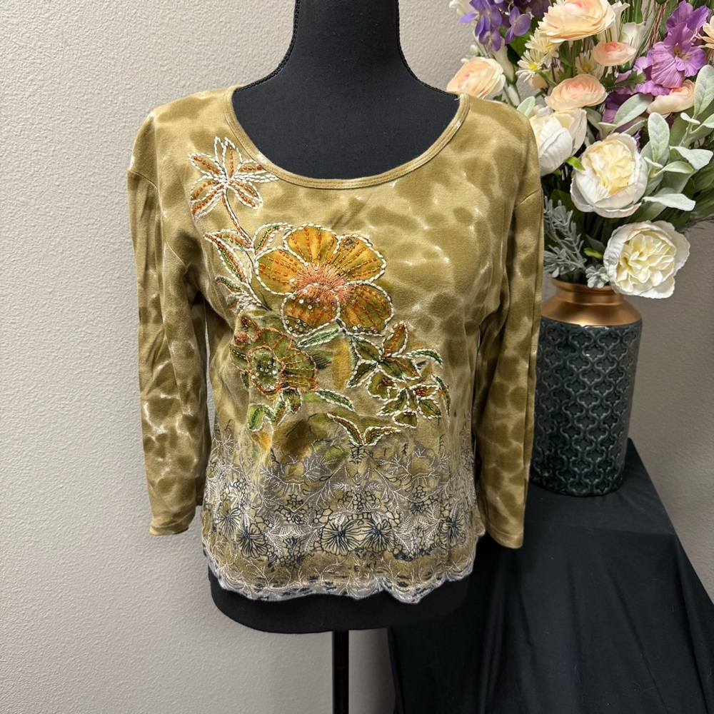 Ash & Sara Embroidered Floral Beaded Cotton Top XL Green Boho Artsy Blouse
